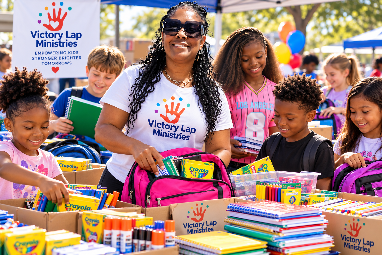 Children and volunteers packing donations